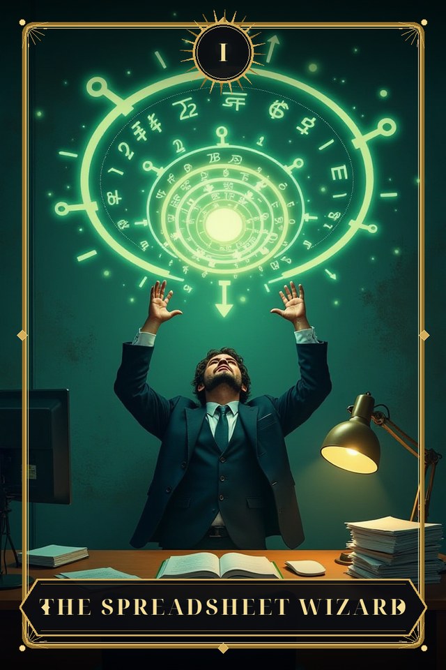The Spreadsheet Wizard — illustrated tarot card, arcanum I