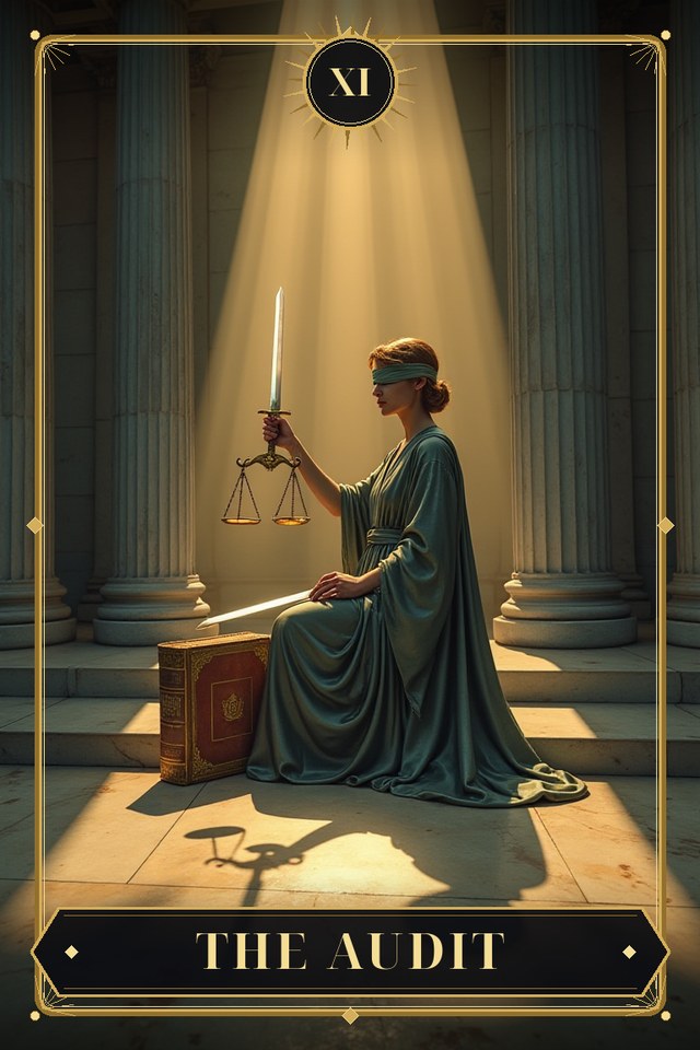 The Audit — illustrated tarot card, arcanum XI