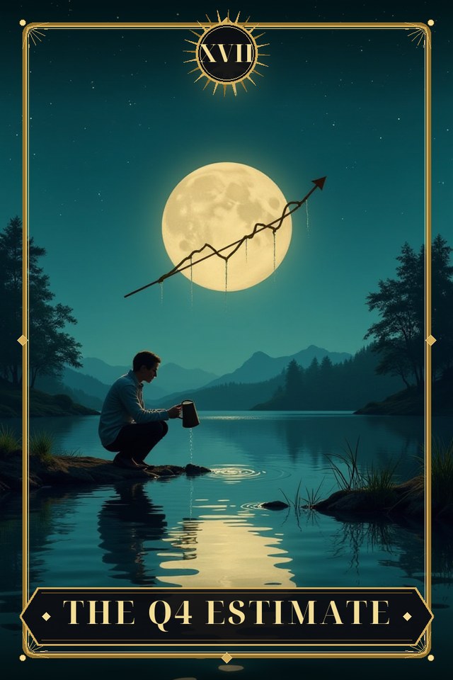 The Q4 Estimate — illustrated tarot card, arcanum XVII