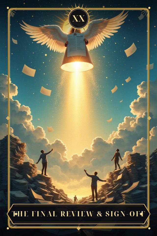 The Final Review & Sign-Off — illustrated tarot card, arcanum XX