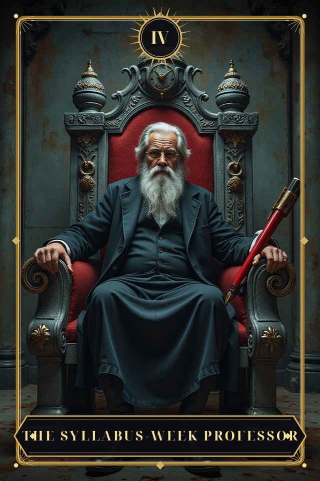 The Syllabus-Week Professor — illustrated tarot card, arcanum IV