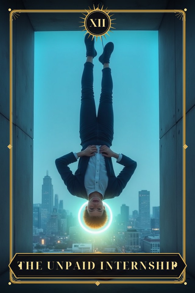 The Unpaid Internship — illustrated tarot card, arcanum XII