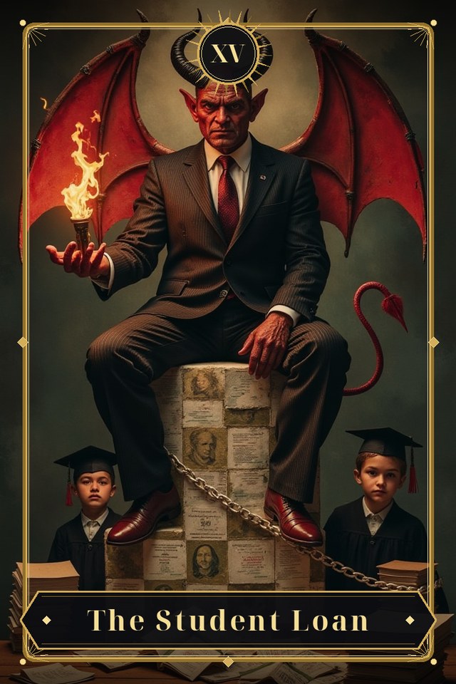 The Student Loan — illustrated tarot card, arcanum XV
