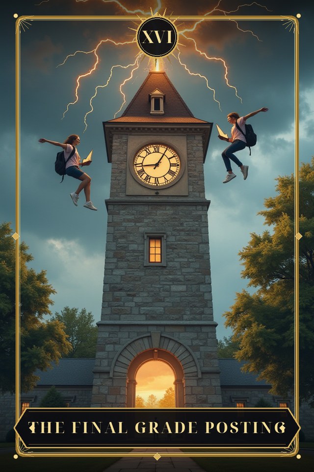 The Final Grade Posting — illustrated tarot card, arcanum XVI
