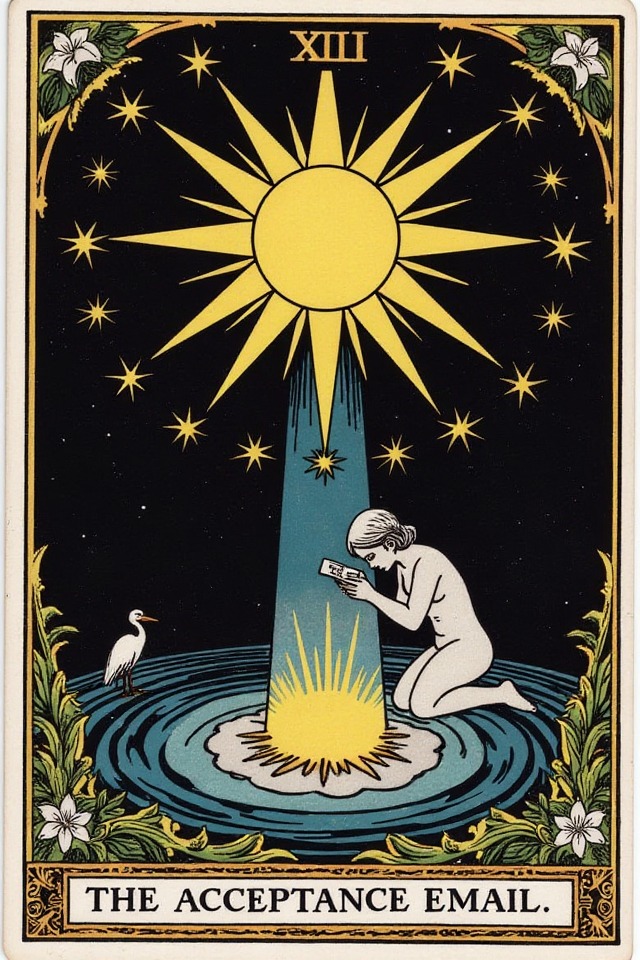 The Acceptance Email — illustrated tarot card, arcanum XVII