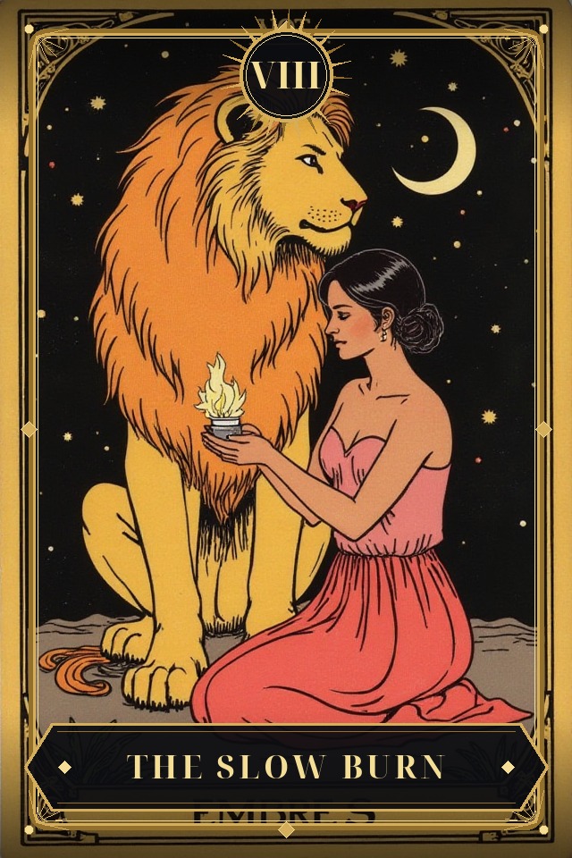 The Slow Burn — illustrated tarot card, arcanum VIII