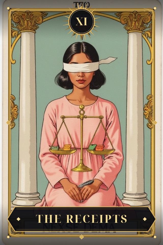 The Receipts — illustrated tarot card, arcanum XI