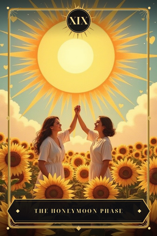 The Honeymoon Phase — illustrated tarot card, arcanum XIX