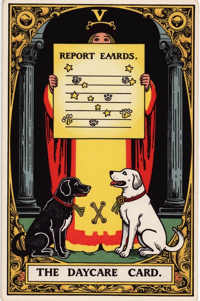 The Daycare Report Card — illustrated tarot card, arcanum V