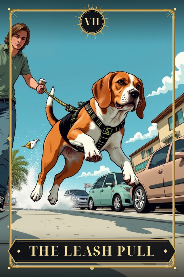 The Leash Pull — illustrated tarot card, arcanum VII