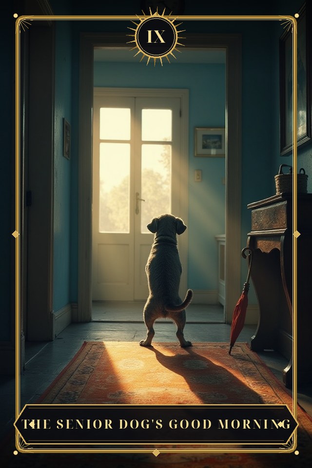 The Senior Dog's Good Morning — illustrated tarot card, arcanum IX