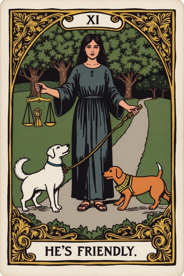 He's Friendly! — illustrated tarot card, arcanum XI