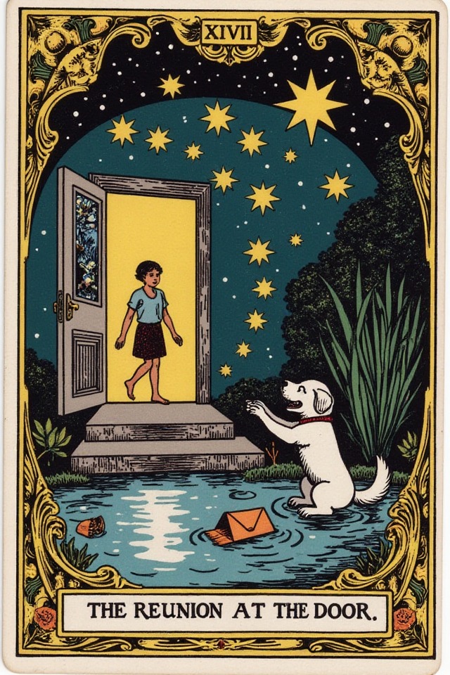 The Reunion at the Door — illustrated tarot card, arcanum XVII