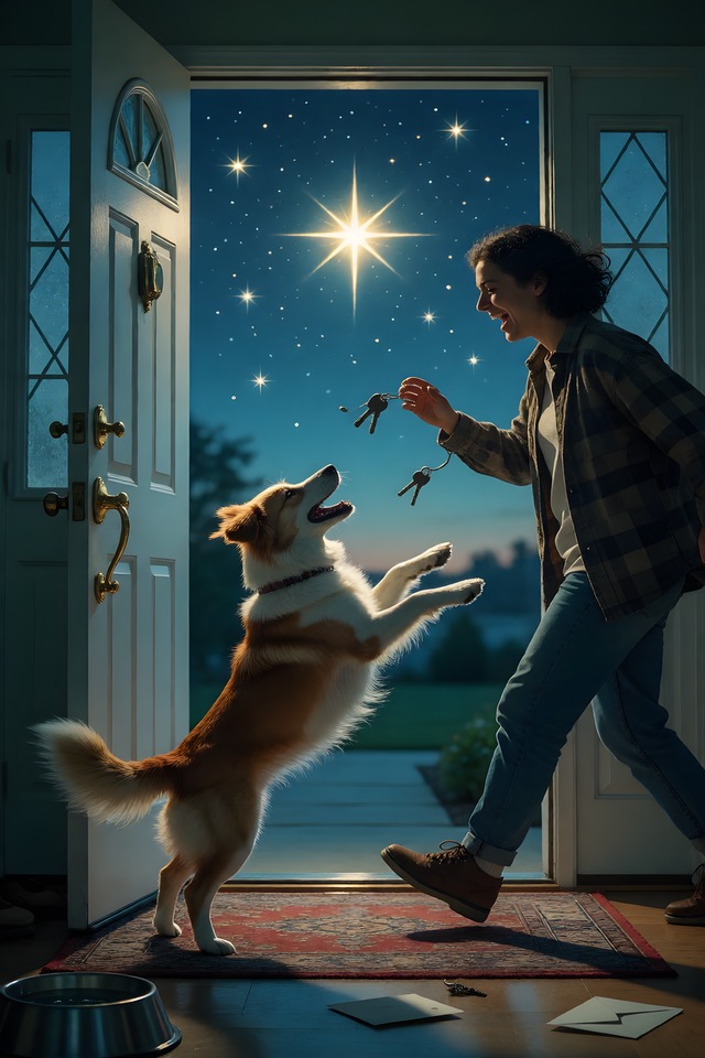 The Reunion at the Door — an illustrated card from The Dog People Deck