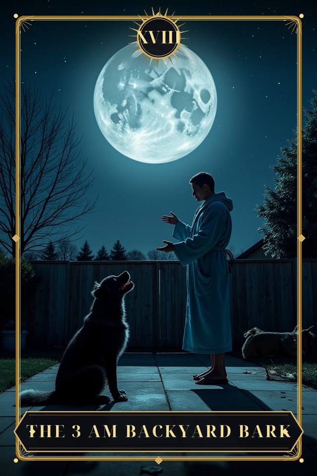 The 3 AM Backyard Bark — illustrated tarot card, arcanum XVIII