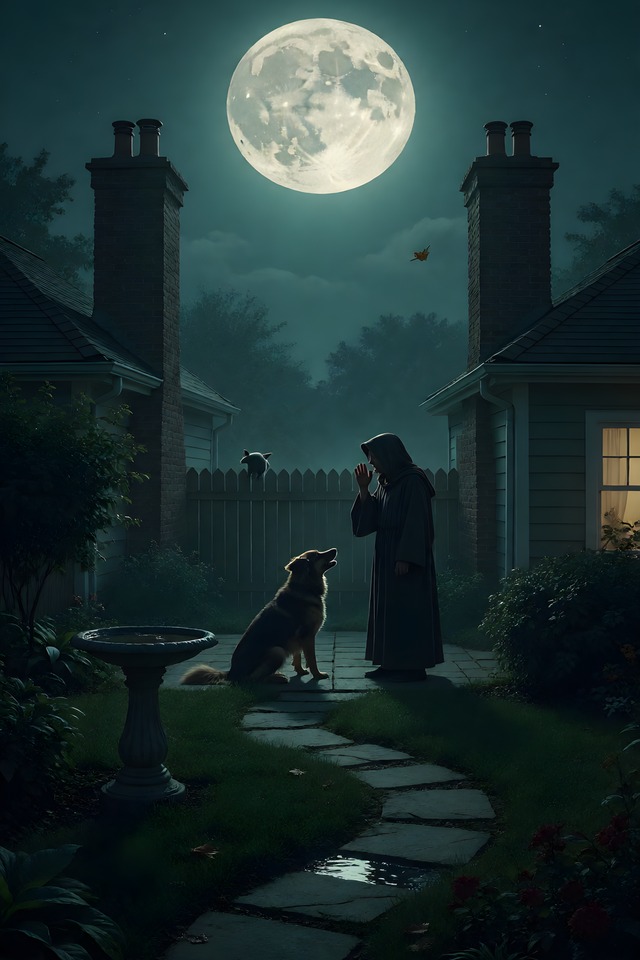 The 3 AM Backyard Bark — illustrated tarot card, arcanum XVIII
