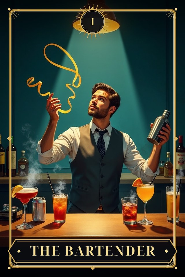 The Bartender — illustrated tarot card, arcanum I