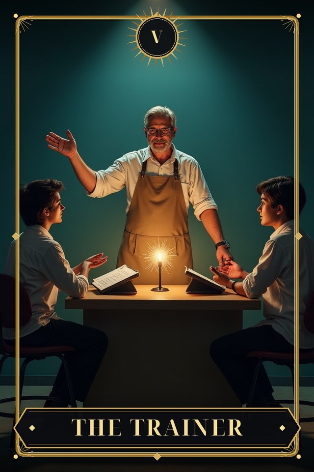 The Trainer — illustrated tarot card, arcanum V