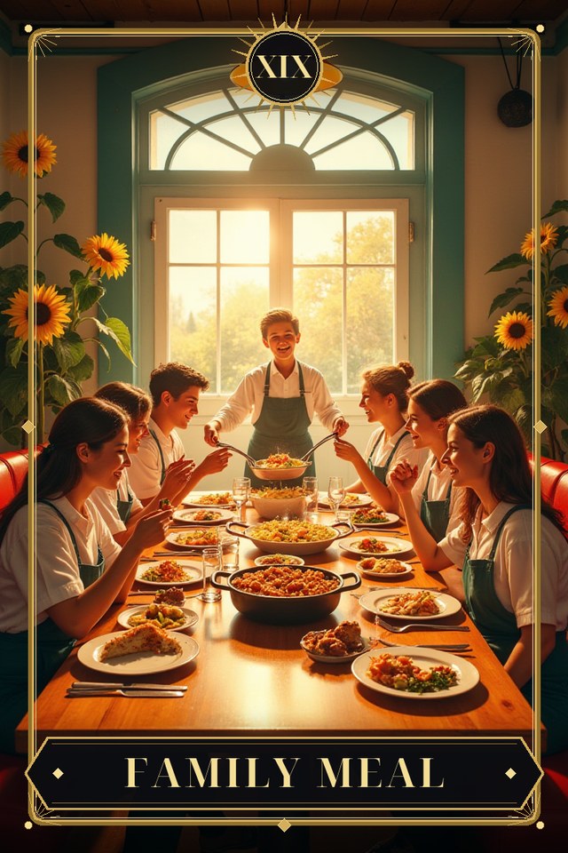 Family Meal — illustrated tarot card, arcanum XIX