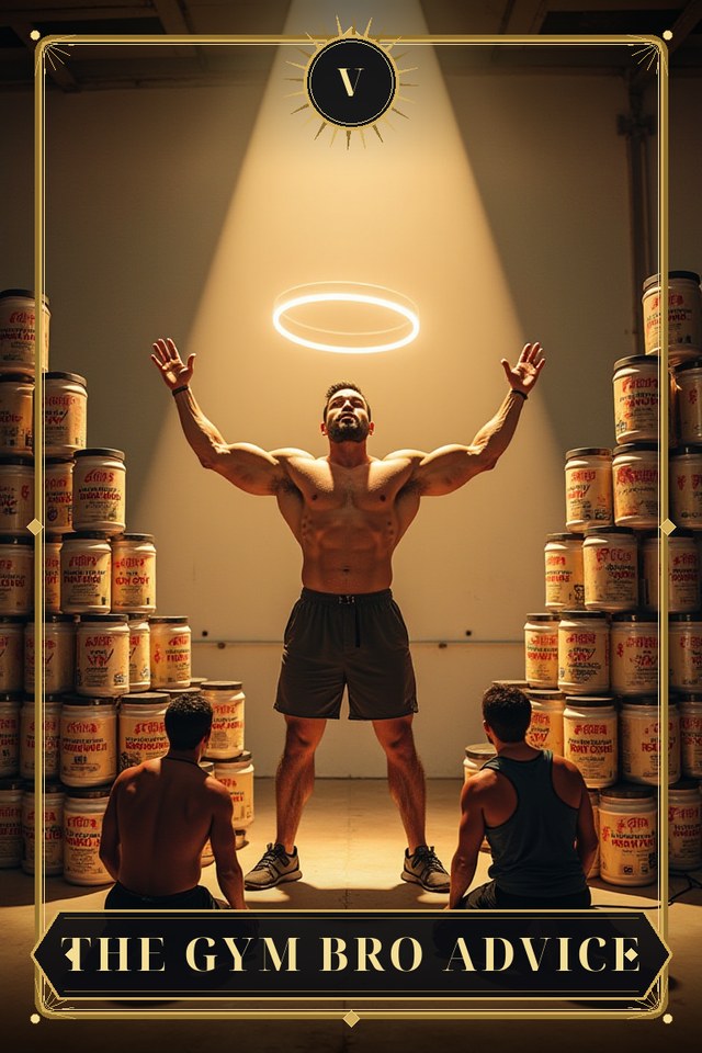 The Gym Bro Advice — illustrated tarot card, arcanum V
