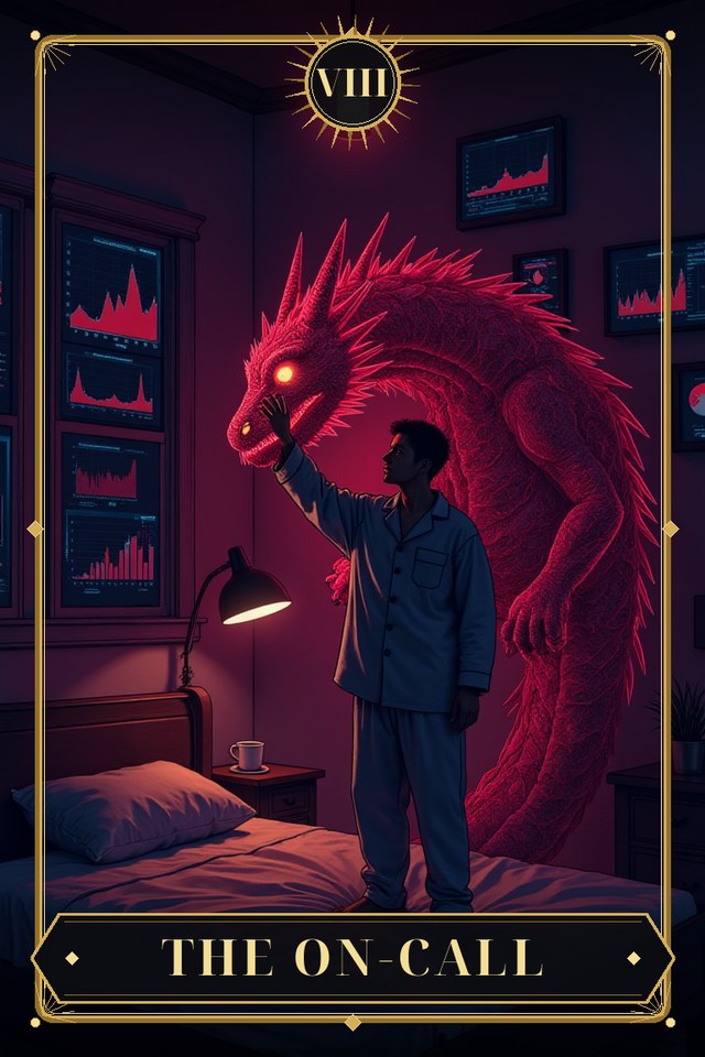 The On-Call — illustrated tarot card, arcanum VIII