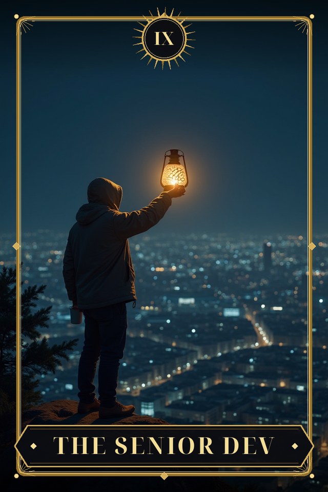 The Senior Dev — illustrated tarot card, arcanum IX