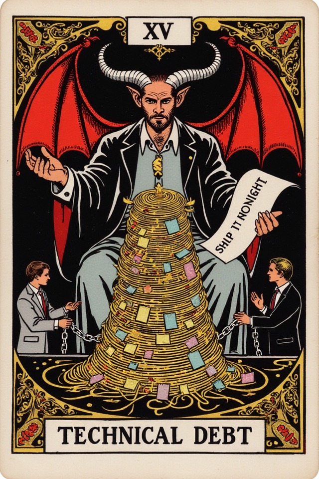 Technical Debt — illustrated tarot card, arcanum XV