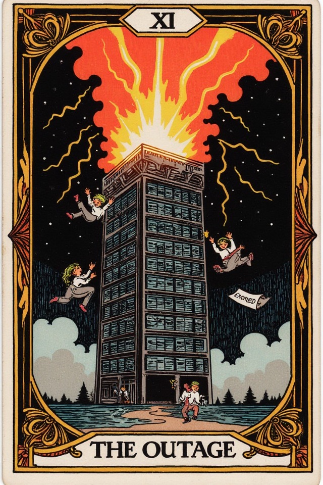 The Outage — illustrated tarot card, arcanum XVI