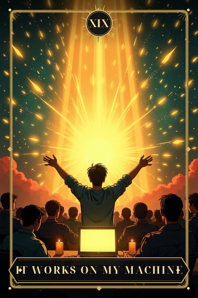 It Works On My Machine — illustrated tarot card, arcanum XIX