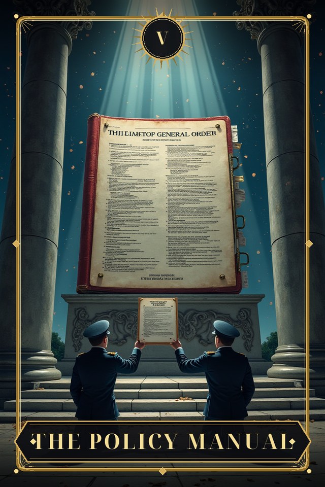 The Policy Manual — illustrated tarot card, arcanum V