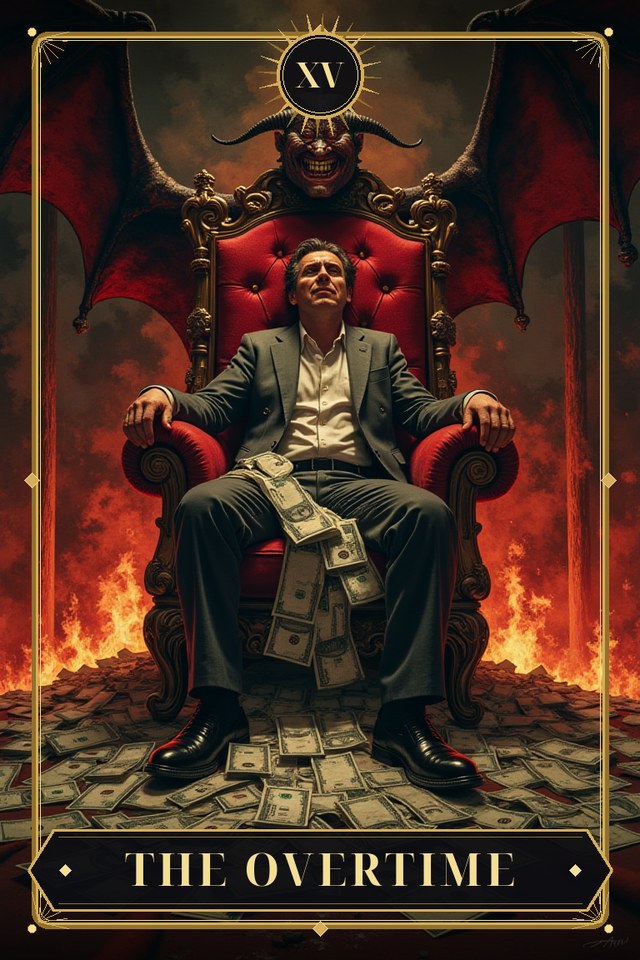 The Overtime — illustrated tarot card, arcanum XV