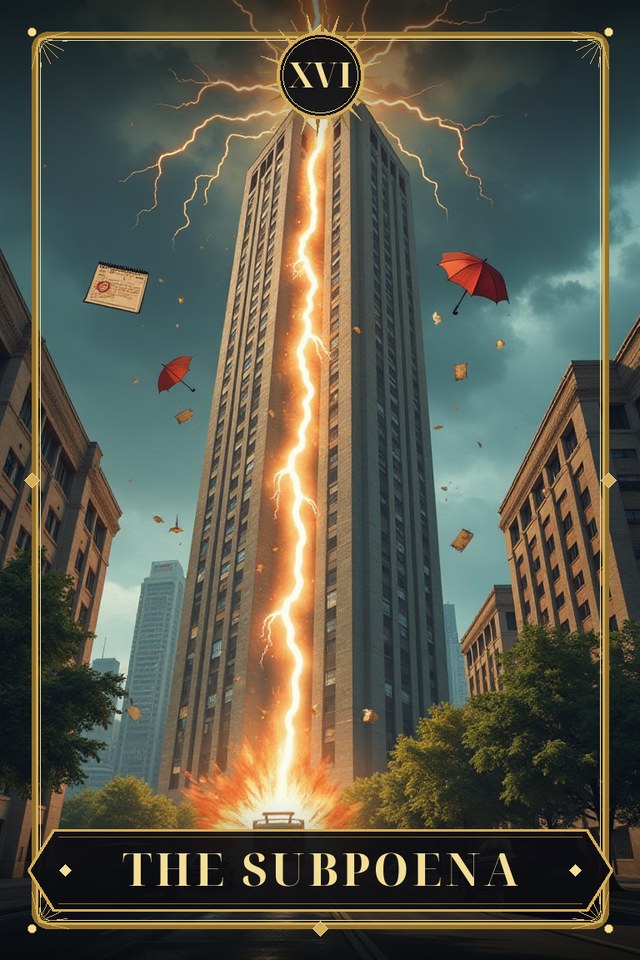 The Subpoena — illustrated tarot card, arcanum XVI