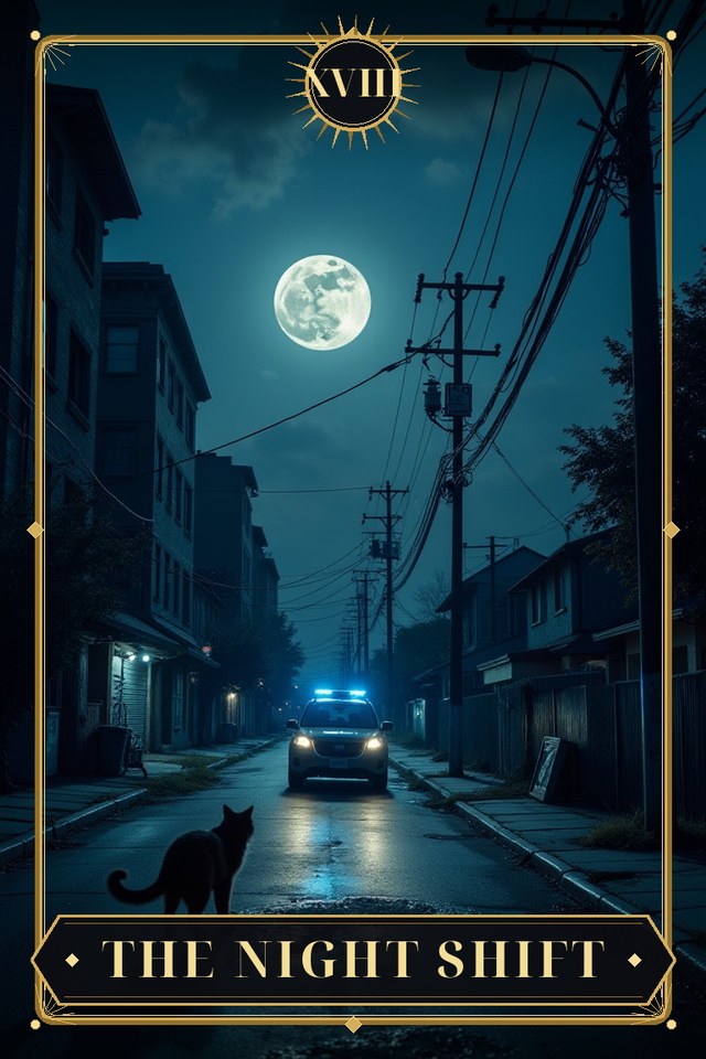 The Night Shift — illustrated tarot card, arcanum XVIII