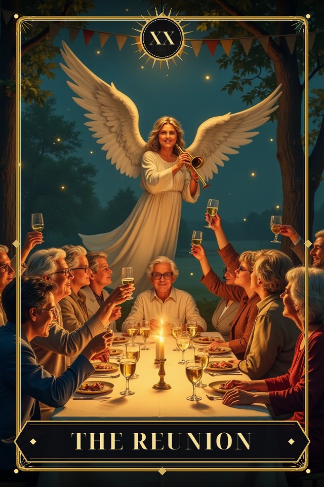 The Reunion — illustrated tarot card, arcanum XX