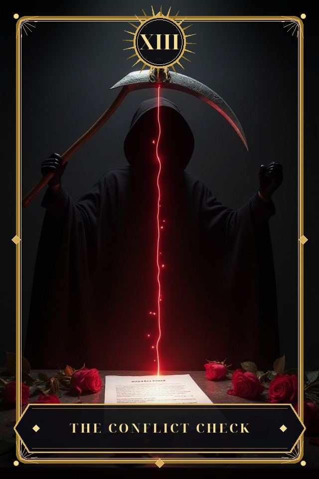 The Conflict Check — illustrated tarot card, arcanum XIII