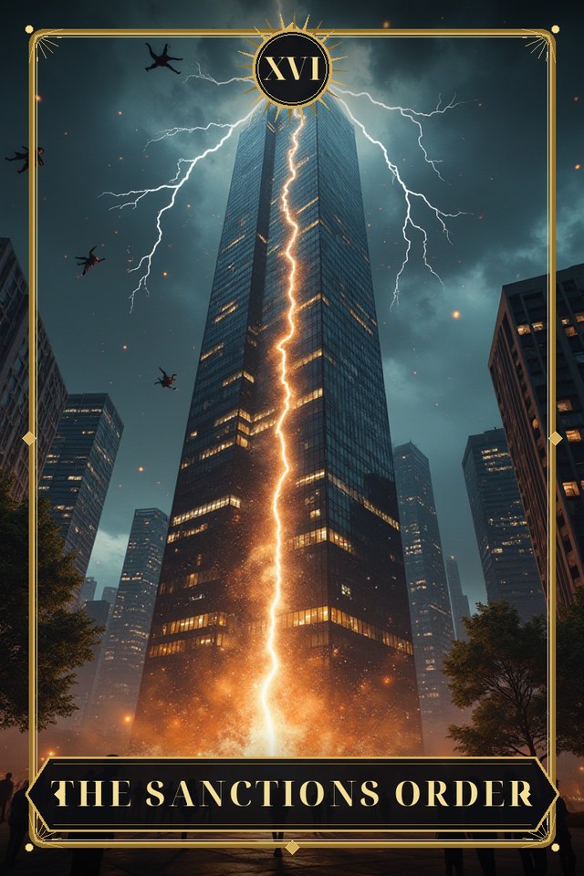 The Sanctions Order — illustrated tarot card, arcanum XVI