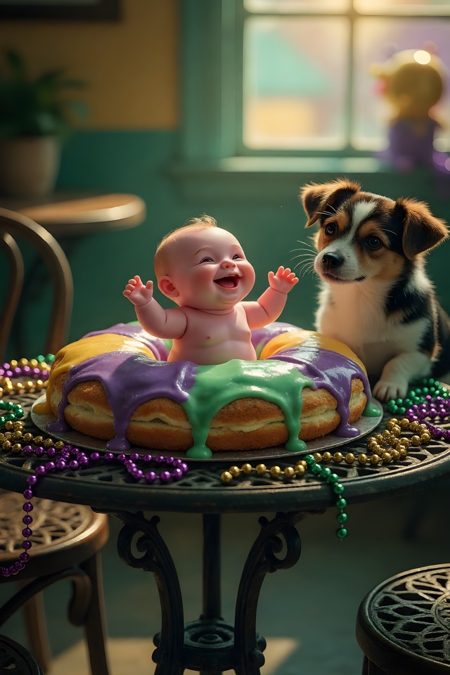 The King Cake Baby — an illustrated card from The Louisiana Arcana