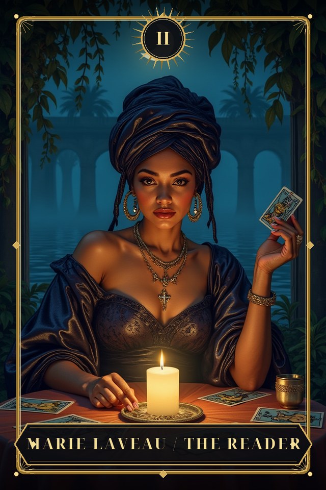 Marie Laveau / The Reader — illustrated tarot card, arcanum II