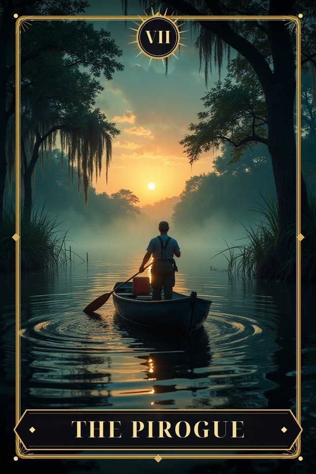 The Pirogue — illustrated tarot card, arcanum VII