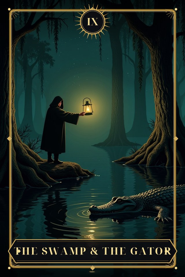 The Swamp & The Gator — illustrated tarot card, arcanum IX