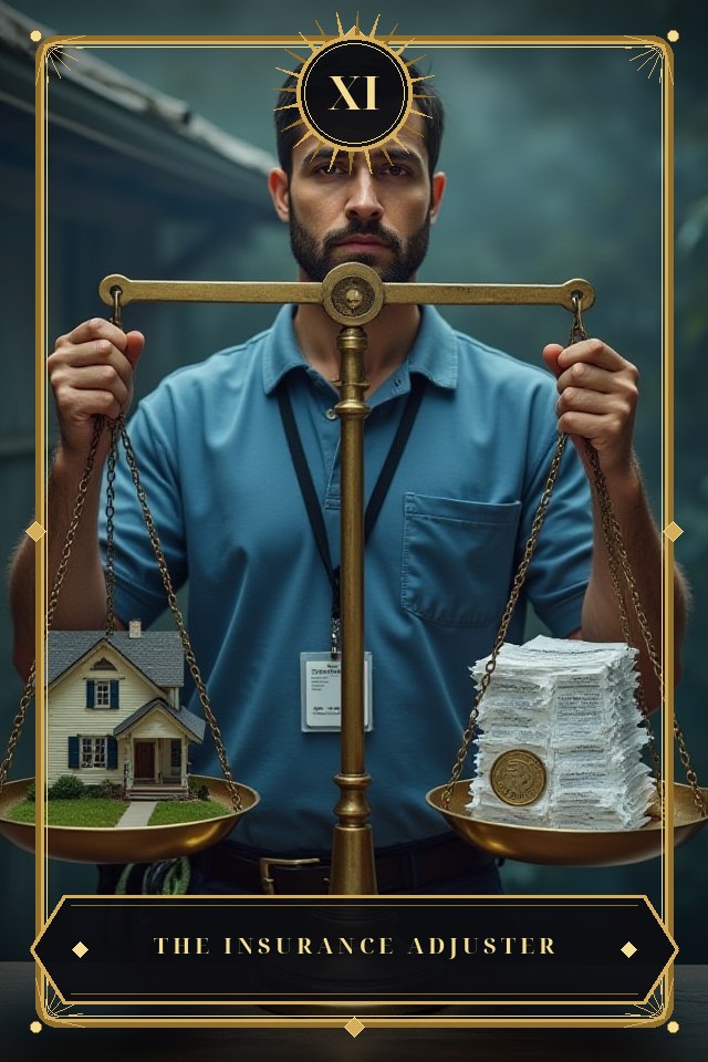The Insurance Adjuster — illustrated tarot card, arcanum XI