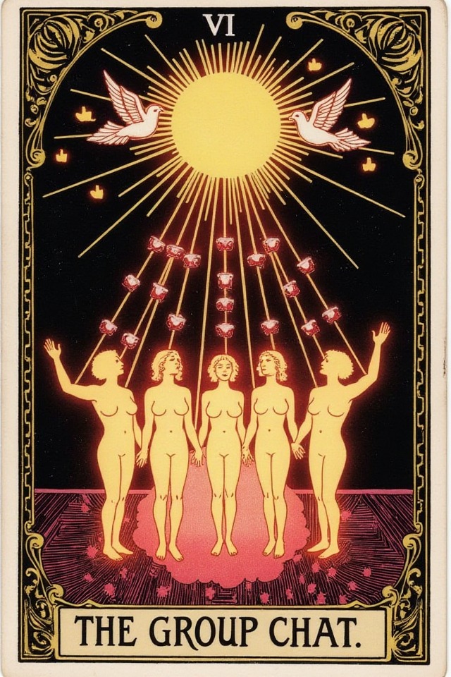 The Group Chat — illustrated tarot card, arcanum VI