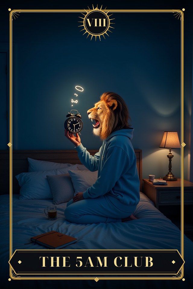 The 5AM Club — illustrated tarot card, arcanum VIII