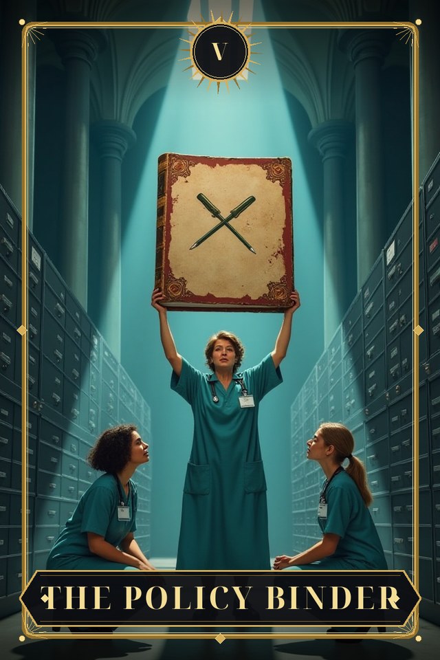 The Policy Binder — illustrated tarot card, arcanum V