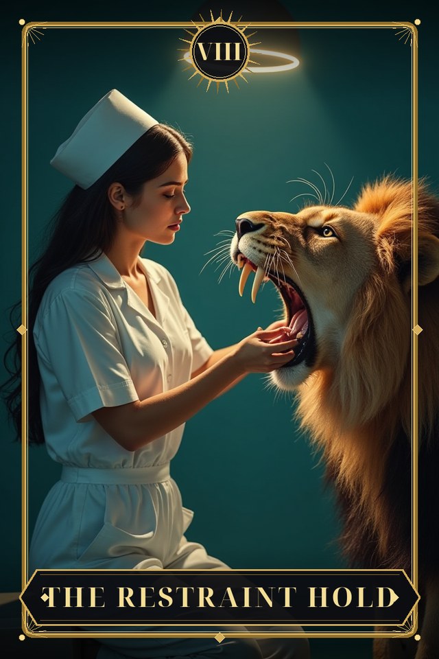 The Restraint Hold — illustrated tarot card, arcanum VIII