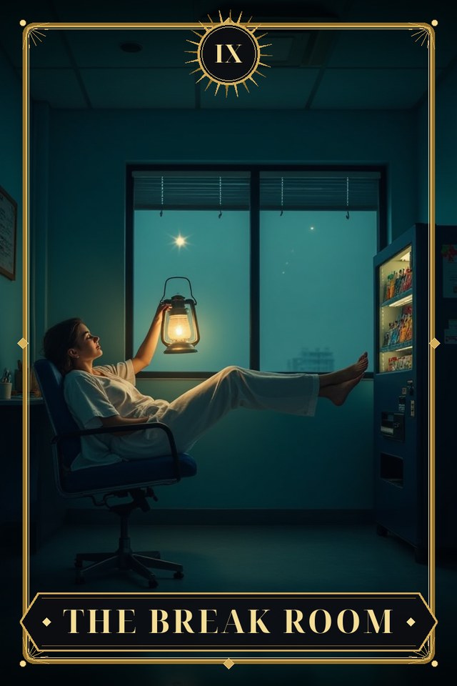 The Break Room — illustrated tarot card, arcanum IX