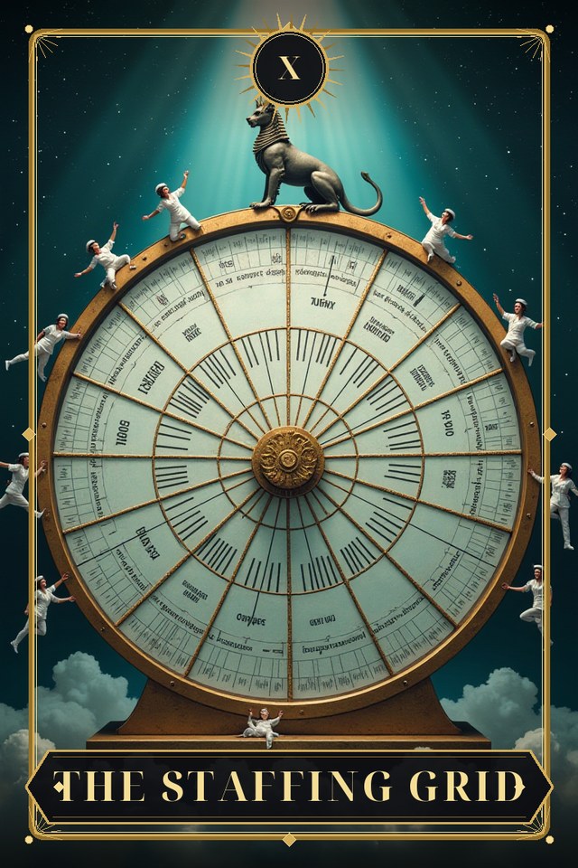 The Staffing Grid — illustrated tarot card, arcanum X