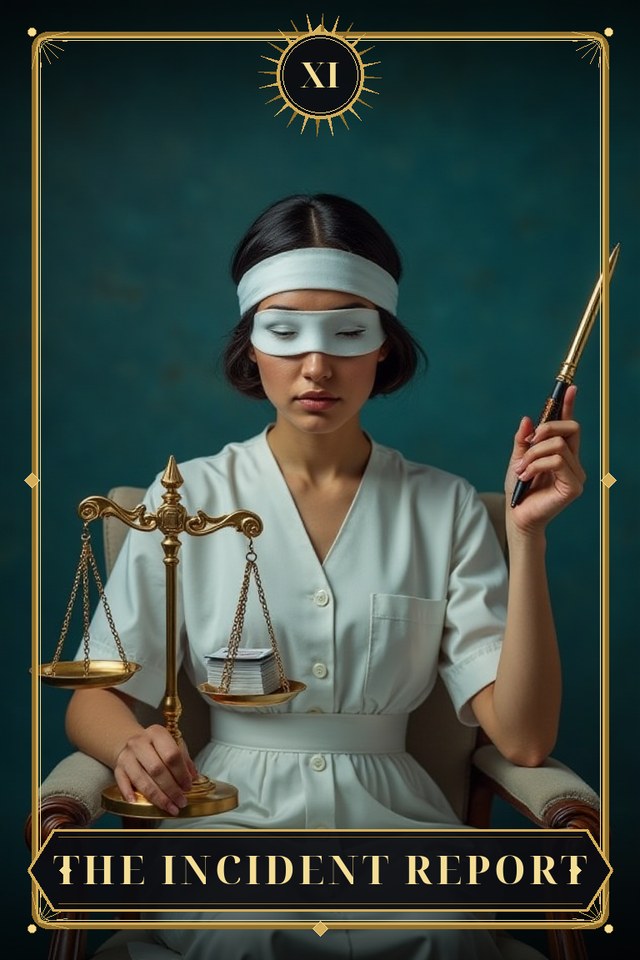 The Incident Report — illustrated tarot card, arcanum XI
