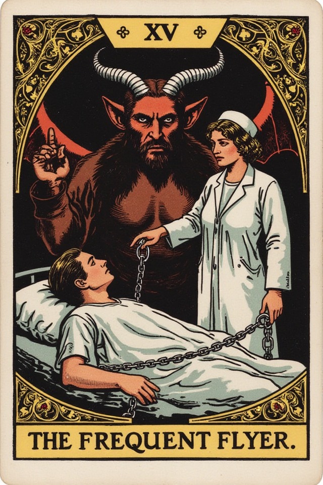 The Frequent Flyer — illustrated tarot card, arcanum XV