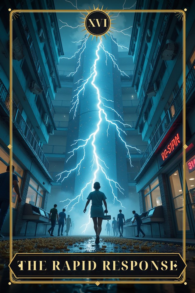 The Rapid Response — illustrated tarot card, arcanum XVI
